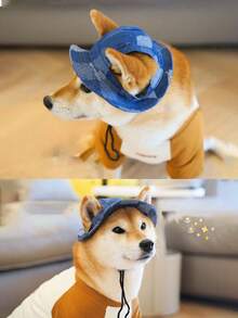 1 pièce Chapeau de seau en matière de denim pour animaux de compagnie, oreilles exposées, convenant aux activités extérieures des chats et chiens pour les protéger du soleil