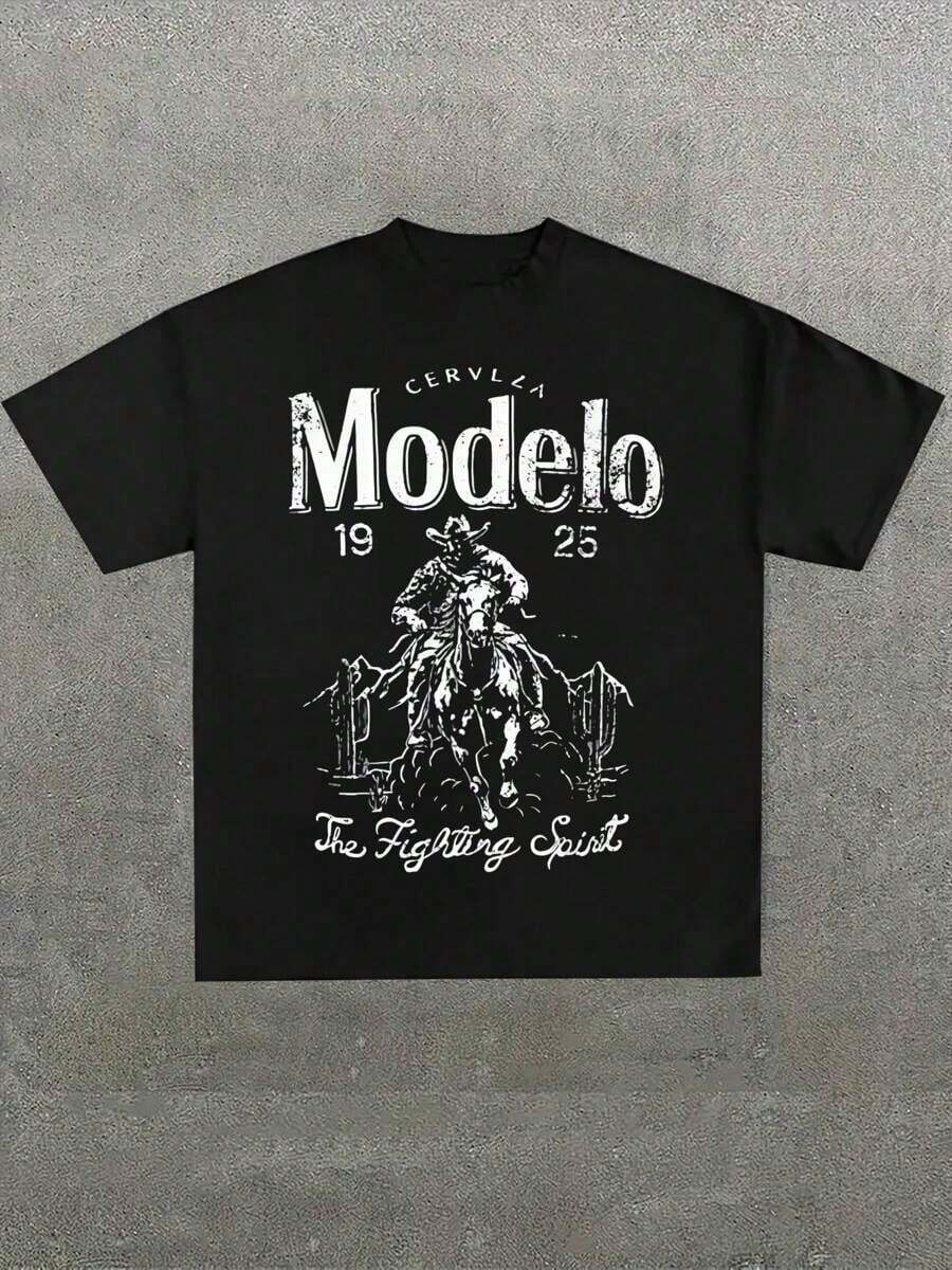 Plus Size Tops, Changes Modelo Cowboy Rope Print T-Shirt, Casual, Heavy Cotton, Summer, Unisex, Free Shipping - 黑色 - 查看 1