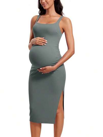 Vestido de Maternidad sin Mangas Cuello Cuadrado Bodycon Casual para Ducha