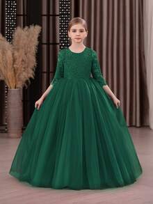 Tween Girl Lace Trim Deep V Back Mesh Princess Dress, Suitable For Birthday Party, Easter, Flower Girl, Wedding, Prom, Holiday Occasions - Dark Green - View 2