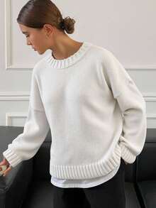 Livesso 女士圆领长袖纯色简约甜美柔软毛衣，长袖上衣，秋季女装 - 白色 - 查看 2