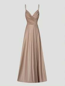 优雅女士超细吊带交叉领口曳地晚礼服 – 轻盈弹力针织面料，高开衩修身剪裁，适合婚礼、晚宴和正式场合，春季款 - 卡其色 - 查看 9