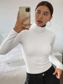 Livesso Women's Turtle Neck Ruched Long Sleeve T-Shirt - White - View 7