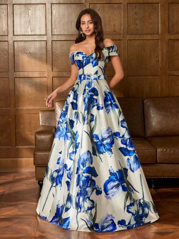 Faeriesty Printing Luxurious Elegant Floral Evening Dress With Off-Shoulder Details And Waist Belt - Perfect For Weddings, Balls, Opera Nights And Red Carpet Events