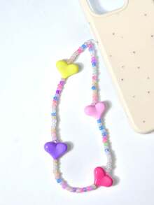 1条彩色玻璃珠和亚克力珠心形串珠挂绳，含手机配件（珠子颜色随机），兼容安卓及大多数智能手机，送给母亲、家人、朋友、孩子、生日、节日的礼物，手机链 - 彩色 - 查看 2