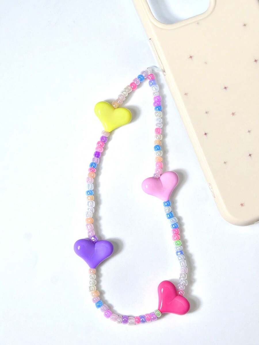 1条彩色玻璃珠和亚克力珠心形串珠挂绳，含手机配件（珠子颜色随机），兼容安卓及大多数智能手机，送给母亲、家人、朋友、孩子、生日、节日的礼物，手机链