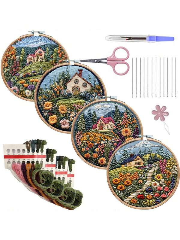 Kit de artesanía de bordado floral DIY, que incluye patrones impresos, hilos, aros de bordado e instrucciones, es adecuado tanto para principiantes como para regalos de festivales