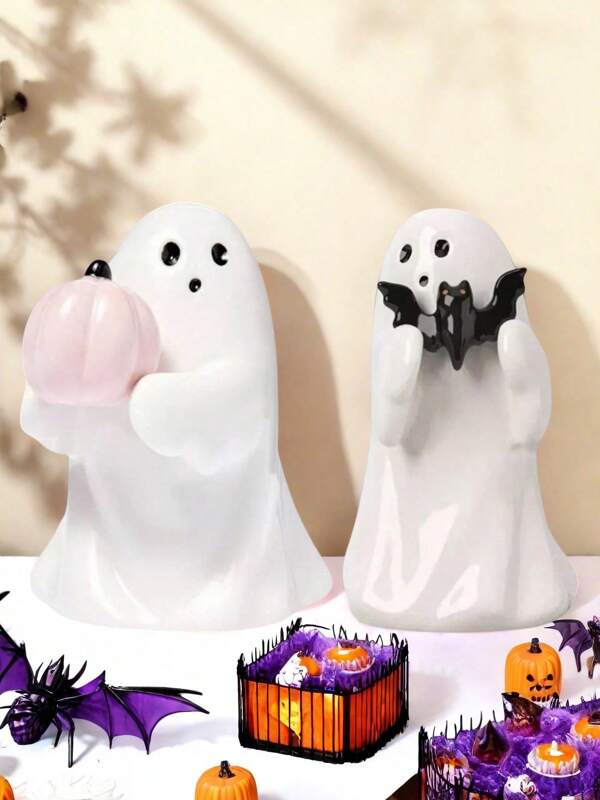 1 pieza Decoración de fantasma de Halloween vintage, ornamento de resina con elementos de calabaza y murciélago, estatua de escritorio, decoración del hogar, oficina y habitación, decoración de fiesta de Halloween, atmósfera emocionante, accesorios de decoración, regalos para las personas, decoración de otoño de Halloween, decoraciones de Acción de Gracias