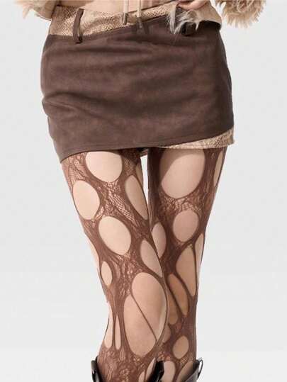 1pc Women's Y2K Asymmetrical Fishnet Tights, Coffee Brown, Fits All Sizes And Suitable For All Seasons