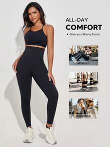 High Waist Seamless Slimming Shaping Leggings - Navy Blue - View 5