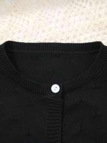 Girls' Solid Color Knit Cardigan, Elegant Hollow Pattern Design, Versatile For Home, Outings Or Eid Al-Adha Gift - Black - View 2