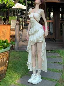 IUNQ 3D Floral Sleeveless Gal Mini Skirt, 3D Polka Dot Accessories, Square Neck Scallop Irregular, Korean Style, Layered Tiered Ladies Dress - 杏色 - 查看 4