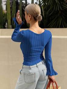 Livesso Spring Slim Fit Flared Sleeve T-Shirt With Textured Stripes Long Sleeve - Royal Blue - View 4