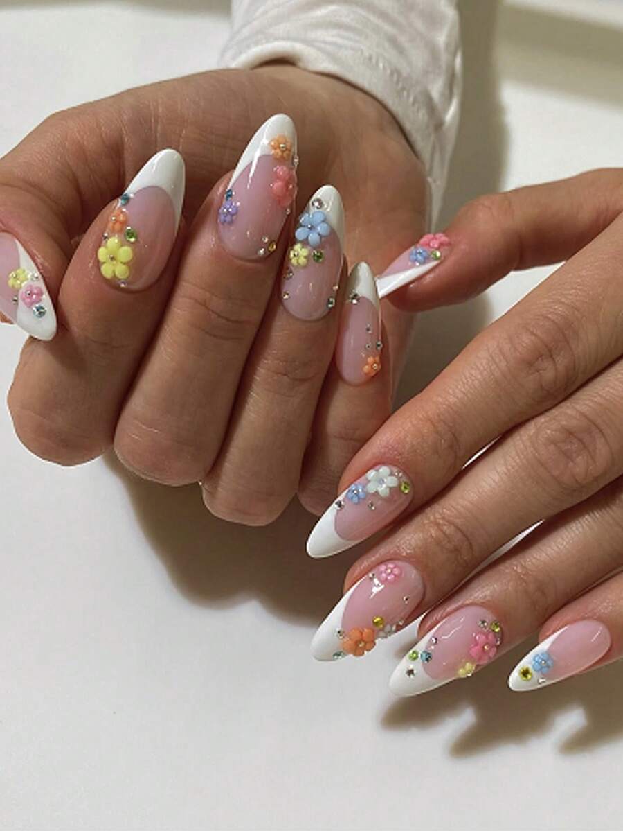 24pcs Medium Almond-Shaped French Manicure Nail Stickers, Decorated With Faux Pearls, Elegant And Chic, Suitable For Women And Girls Nail Art In Summer, For Daily, Date, Office, Home, Party And Other Occasions Nails - Multicolor - View 1