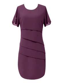 Summer New Arrival Women's Elegant Casual Chiffon Dress Solid Color Short Sleeve Round Neck Flowy Ruffle Hem Loose Straight Dress For OfficeWear - Purple - View 7