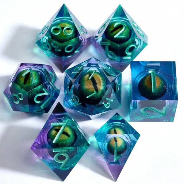 Set de 7 dados de juego de mesa | Resina transparente con objetos con temática en su interior
