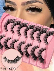 14 Pairs Faux Mink Cat Eye False Eyelashes – Dramatic 6D Volume, Fluffy & Wispy, Bold Glam Look, 2 Boxes Set, Long-Lasting, Natural Look, Volume Lashes For Party & Wedding Makeup - 眼尾拉長款 - 查看 3