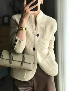 Women's Elegant Korean Style Loose Casual Commuter Sweater Cardigan, Vintage Wool Blend Knit Outerwear, Autumn/Winter - Màu be - Xem 1