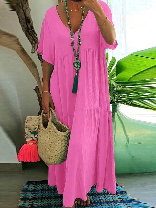 Plus Size Casual Loose V-Neck Solid Color Maxi Dress For Women