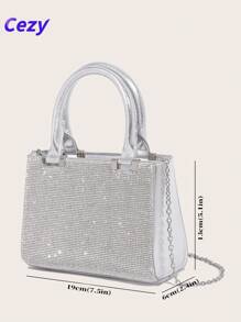 Cezy Bolso de mano con decoración de rhinestones plateados, correa de cadena desmontable y cierre con cremallera - Bolso de embrague de noche brillante para bodas, ocasiones formales, fiestas - Accesorio de moda de lujo para mujer, atuendo formal, con adornos de rhinestones