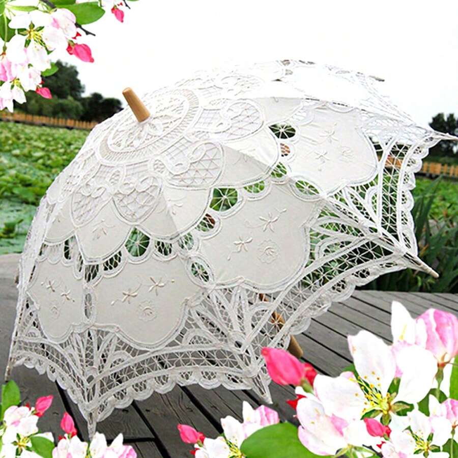 Bridal Wedding Decoration Umbrella For Photoshoot White Vintage Lace Parasol Victorian Style Sunshade For Women - trắng - Xem 1