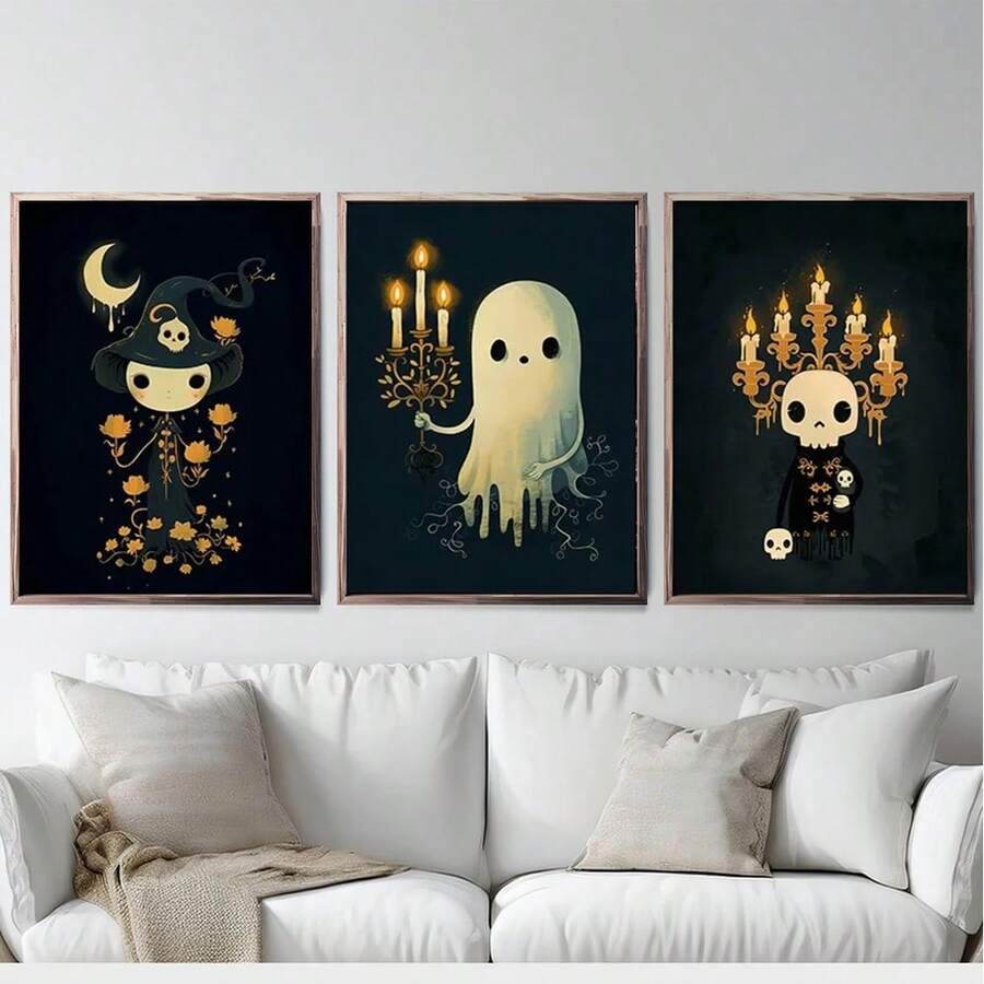 3 piezas Impresión en lienzo de estilo Dark Academia con fantasma a la luz de las velas y esqueleto, pósteres espeluznantes pero lindos de Halloween para decoración de la sala de estudio o juegos, con opción de marco - Multicolor - Ver 1