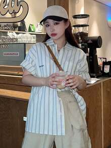 Stripe Print Short Sleeve Loose Casual Shacket - Blue - View 3