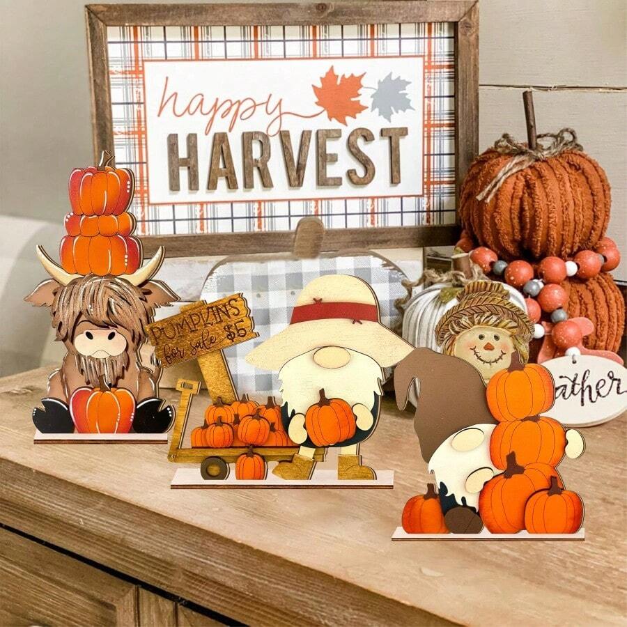 2 Pieces/Set 2D Autumn Pumpkin Harvest Dwarfs And Highland Cattle Wooden Modern Desktop Decoration Ornaments Autumn Thanksgiving Theme Party Decoration, Restaurant Decoration, Room Decoration, Home Decoration Halloween Decor Fall Decor