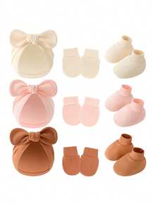 3 件套婴儿帽子手套和脚套套装新生儿帽子柔软婴幼儿结扣无檐小帽适合 0-12 个月男婴女婴