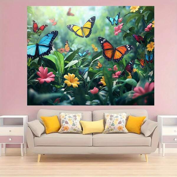 Fondo de fotografía de jardín y mariposas vibrante - Tela de poliéster, sin alimentación, perfecta para fiesta y accesorios de estudio, diseño colorido de flores y mariposas, fondo de fotografía | Escena vívida | Fondo de poliéster, decoración de mariposas