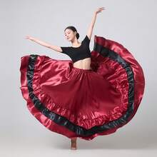 1pc Wine Red & Black Contrast Color Full Circle Hem Dress, Women's Belly Dance Flowy Bohemian Style Satin Lightweight Summer Beach Party Gown, Elegant A-Line Skirt Spring - Burgundy - View 5