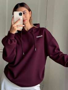 Livesso 女士宽松休闲连帽运动衫，秋季开学季新品 - 酒紅色 - 查看 7