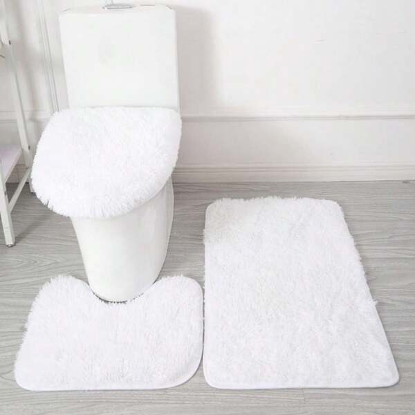 3pcs Solid Color Bathroom Mats Set, Non-Slip Bathroom Rug, Toilet U-Shape Mat, Toilet Lid Cover Pad, Suitable For Bathtub, Shower And Toilet, Bathroom Decor, Kitchen Area Rugs, Laundry, Bedrooom, Shower, Indoor Mat, Bathroom Accessories