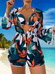 Women's Three-Piece Swimming Suit - Floral Halter Top Swimsuit Set - Comfortable Fabric Swimsuit With Matching One-Piece Pants