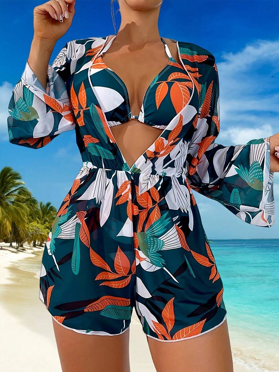 Women's Three-Piece Swimming Suit - Floral Halter Top Swimsuit Set - Comfortable Fabric Swimsuit With Matching One-Piece Pants