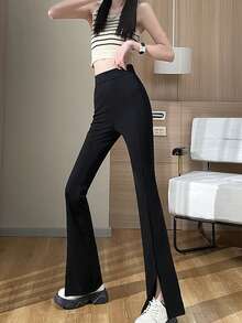 Verano negro micro llamarada abierta pantalones de pierna ancha las mujeres de cintura elástica casual de cintura alta delgada dividida arrastrando pantalones - Negro - Ver 6