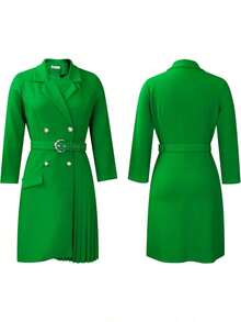 HERTALK Women's Lapel Blazer, Elegant Midi Dress With Pleated Sleeves And Belt - 綠色 - 查看 3