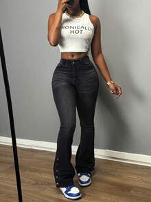 Y2K Baddie High-Waisted Flare Pants With Ankle Strap, Spring/Summer - Black - View 5