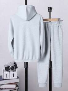 2 件套青少年男童休闲字母印花加厚连帽运动衫和裤子套装 - 淺灰色 - 查看 3