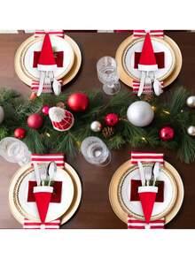 10pcs Mini Christmas Santa Cute Hats Silverware Holders - Xmas Party Dinner Table Dinnerware Decorations Supplies Flatware Decor