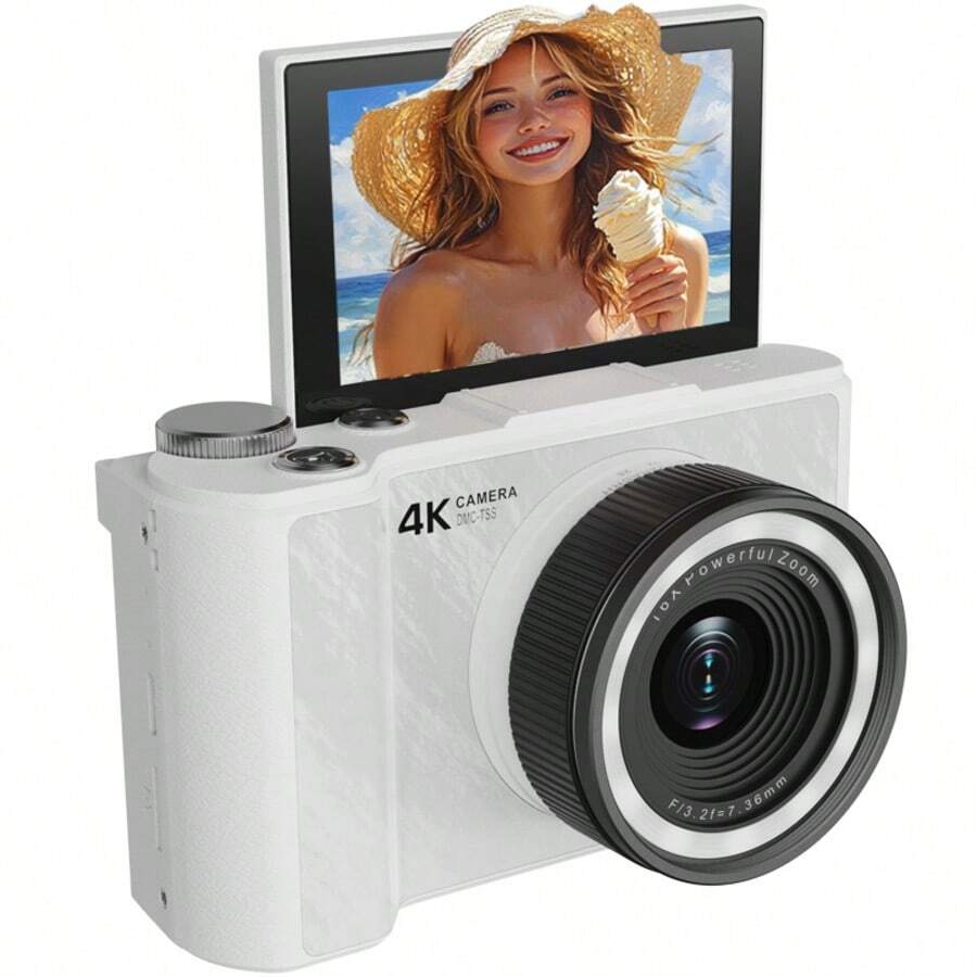 W&O 2025 NEW 4K 3-Inch Digital Camera, FHD 1080P, Digital Point And Shoot, 64MP For Vlogging With Anti Shake 16X Zoom, Compact, 32GB SD Card Included,MP3 Player, With Flashlight -Best Gift For Beginners Of Cameras - 白色 - 查看 1