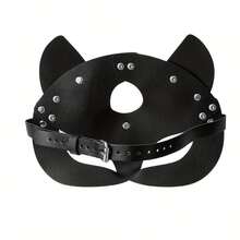 1 个带耳孔的黑色合成皮革猫面具 - 哥特朋克风格万圣节派对、狂欢舞会和成人游戏服装配饰；猫主题面具；大胆而时尚的面具 - 彩色 - 查看 3