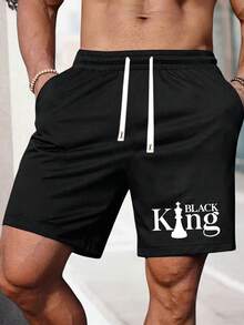 男士夏季印花抽绳短裤，宽松时尚休闲度假户外口袋松紧腰裤，适合工作、钓鱼、篮球、露营、健身，送给男朋友或丈夫的礼物 - 黑色 - 查看 1