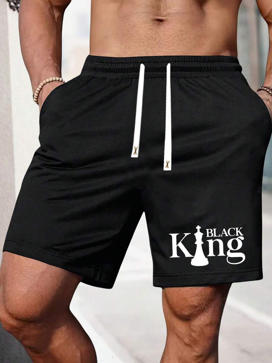 男士夏季印花抽绳短裤，宽松时尚休闲度假户外口袋松紧腰裤，适合工作、钓鱼、篮球、露营、健身，送给男朋友或丈夫的礼物 - 黑色 - 查看 1