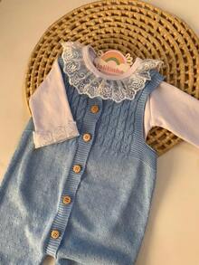 Ema Button Knit Set Girl Bodysuit Overalls Baby Romper - 淺藍色 - 查看 2