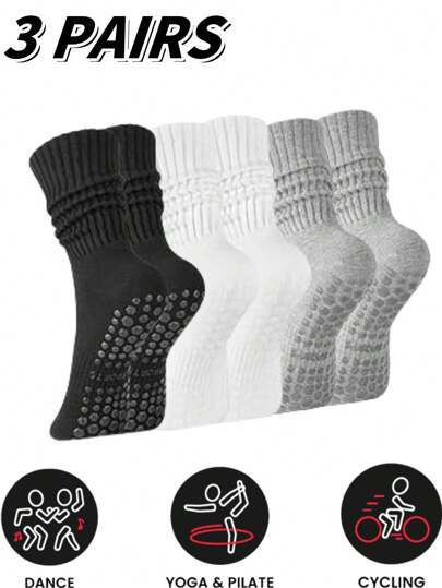 3 Pairs Unisex Winter Yoga Socks, Fashionable Slouchy Cuff Design, Full Foot Silicone Anti-Slip Shock Absorption, Suitable For Dance, Pilates, Yoga, Indoor Fitness, Back To School Gift Socks With Grip
