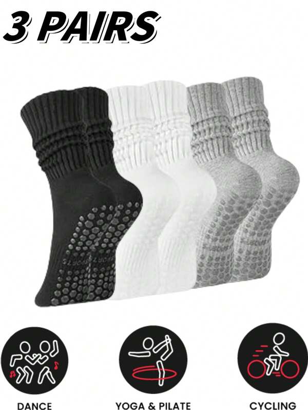 3 Pairs Unisex Winter Yoga Socks, Fashionable Slouchy Cuff Design, Full Foot Silicone Anti-Slip Shock Absorption, Suitable For Dance, Pilates, Yoga, Indoor Fitness, Back To School Gift Socks With Grip