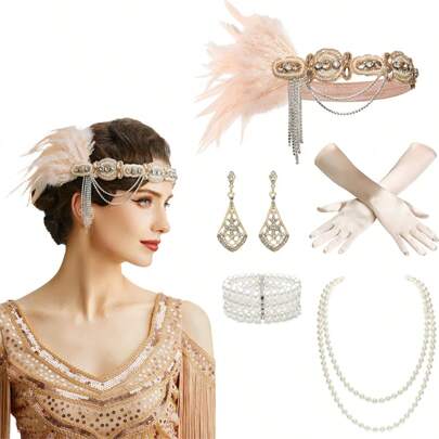 1920-tals Flapper Lady komplett set! Fjäder- och strasshårband + geometriska strassörhängen + halsband med fuskpärlor + vita handskar, uppslukande retro jazzfest glamour halloween