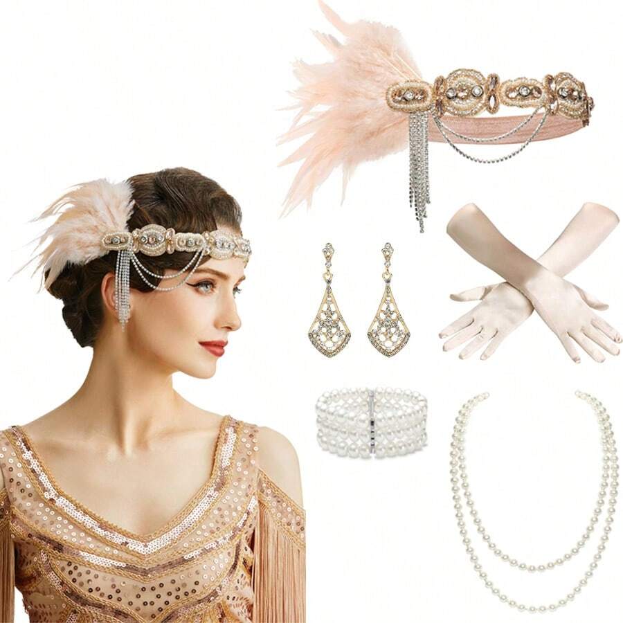 1920s Flapper Lady Full Set! Feather & Rhinestone Headband + Geometric Rhinestone Earrings + Faux Pearl Necklace + White Gloves, Immersive Retro Jazz Party Glamour Halloween