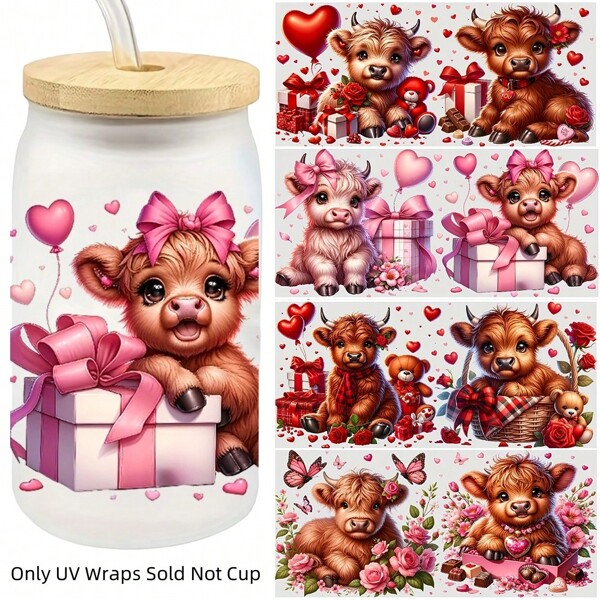 4pcs Highland Cow, Heart, Gift, Flower & Butterfly UV DTF Transfer Sticker Set, Waterproof Scratchproof Self-Adhesive PVC Decal Paper Suitable For Mugs, Cups, Laptop, Phone Cases, DIY Packaging